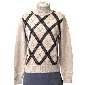 Vintage Evan Picone Tan & Brown Angora Blend Argyle Turtleneck Sweater Top Sz M